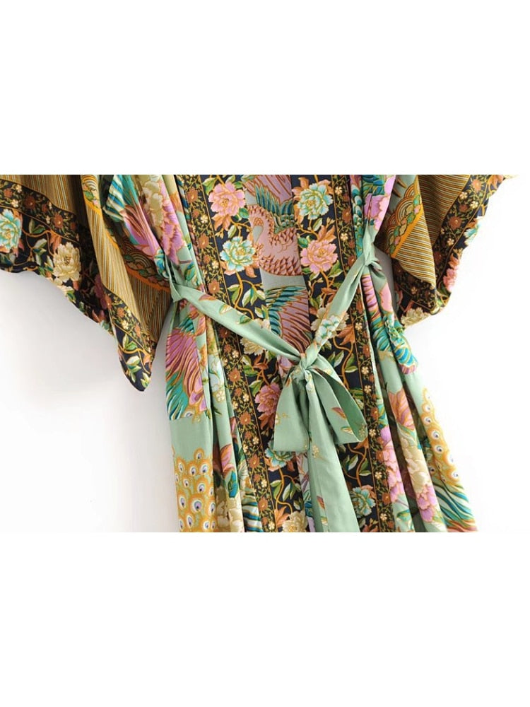 Peacock Floral Print Bat Sleeve Beach Bohemian Kimono Robe for Women Ladies V Neck Tassel Summer Dress Bikini Boho Cover-up