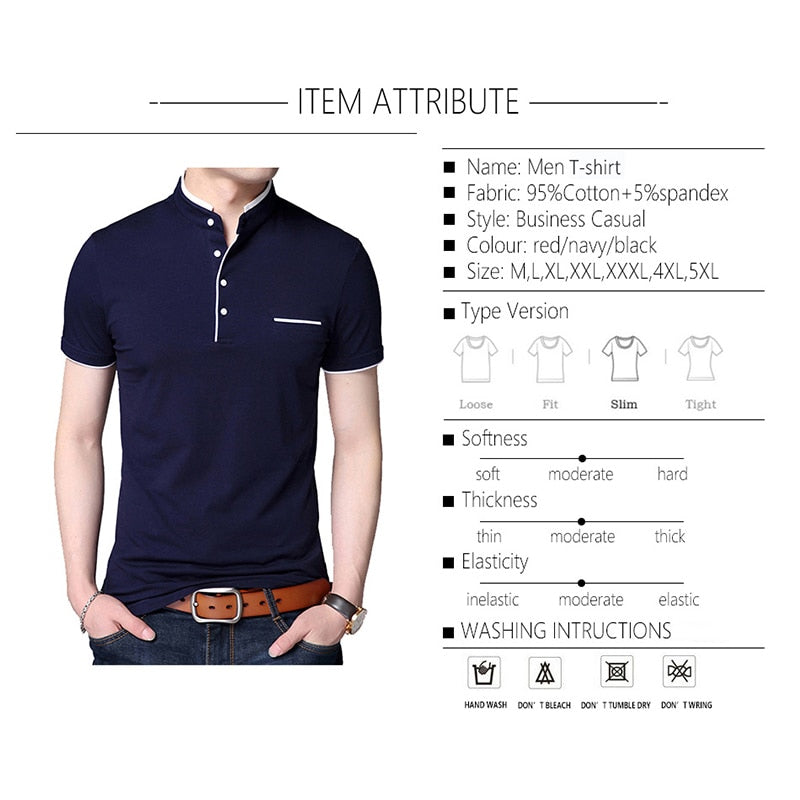 BROWON 2022 Fashion Men T-shirt Summer Short Sleeve T-shirt Stand Collar Solid Slim T-shirt Men Cotton Tops Tees Plus Size 5XL