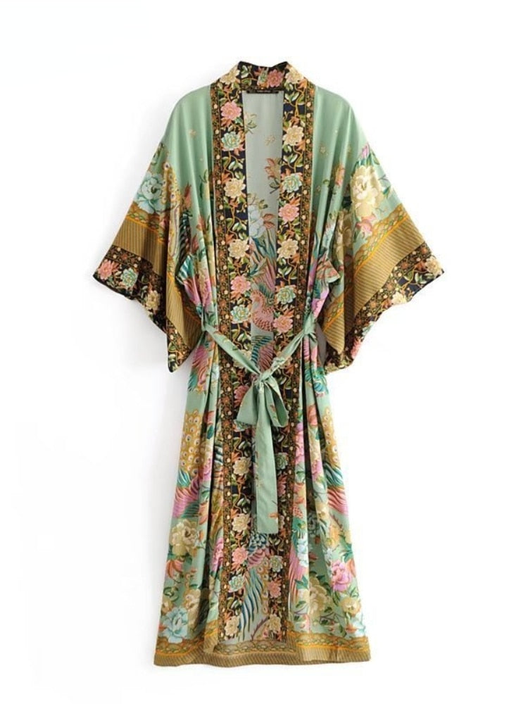 Peacock Floral Print Bat Sleeve Beach Bohemian Kimono Robe for Women Ladies V Neck Tassel Summer Dress Bikini Boho Cover-up