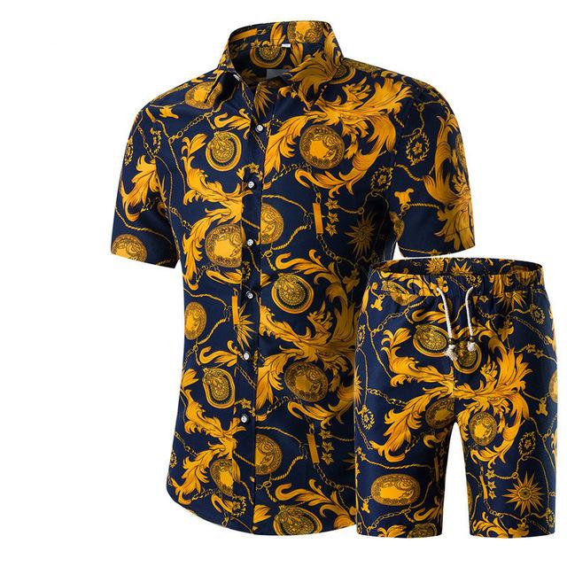 Summer Men Sets 2022 New Print Floral Short Sleeve Shirts Sets Fashion Casual Fit Slim Turn-down Collar Men Suits