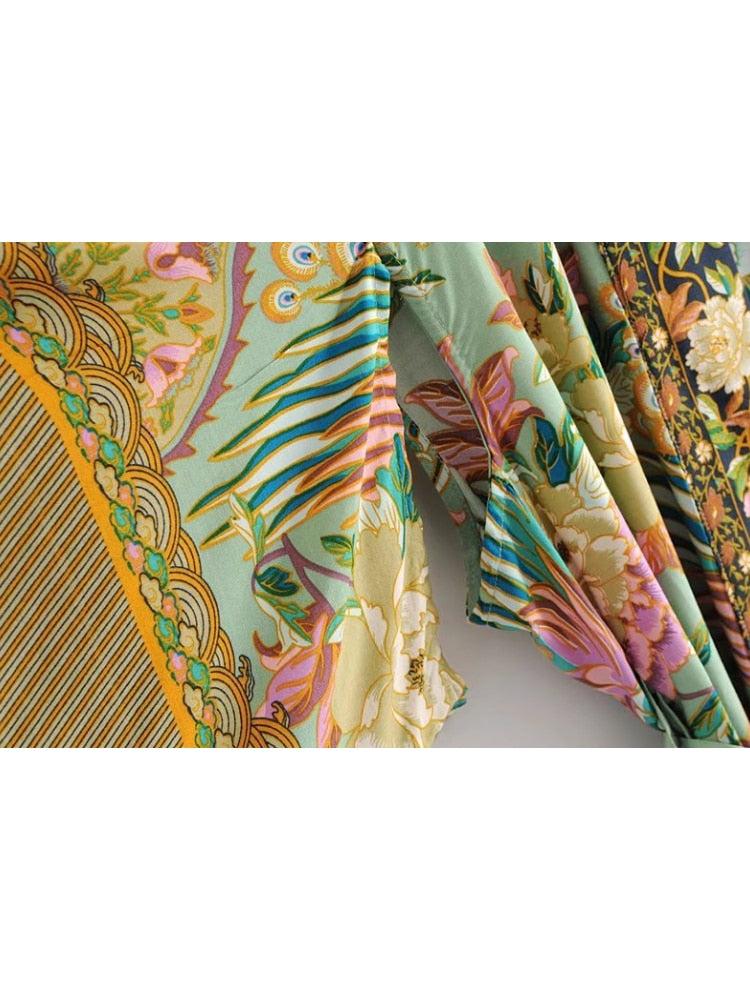 Peacock Floral Print Bat Sleeve Beach Bohemian Kimono Robe for Women Ladies V Neck Tassel Summer Dress Bikini Boho Cover-up