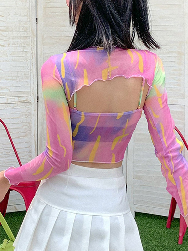 Tie Dye Crop Top Mesh Top Long Sleeve T-Shirt Women Bandage Tshirt Sexy Slim Transparent Backless Cut Out Tops 2022 Y2K Clothes