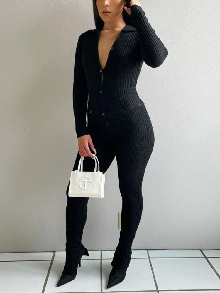 BOOFEENAA Button Ribbed Knitted Jumpsuit Two Piece Set Fall Winter Clothes Sexy White Long Sleeve Bodycon Jumpsuits C88-GE50