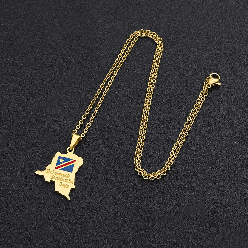 Fashion Africa Democratic Republic of the Congo Map Pendant Necklace Stianless Steel Men Women Congolese Ethnic Jewelry Gift