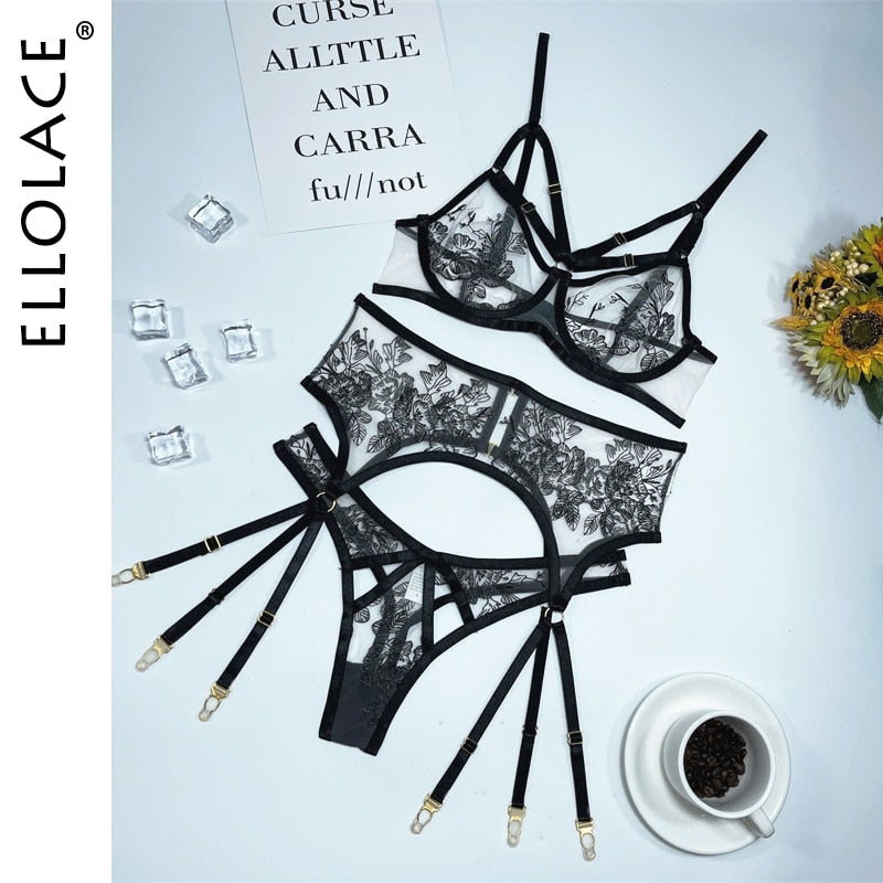 Ellolace Erotic Lingerie Set Woman 3 Pieces Sensual Embroidery Transparent Brief Sets Fancy Garters Luxury Lace Sexy Outfits
