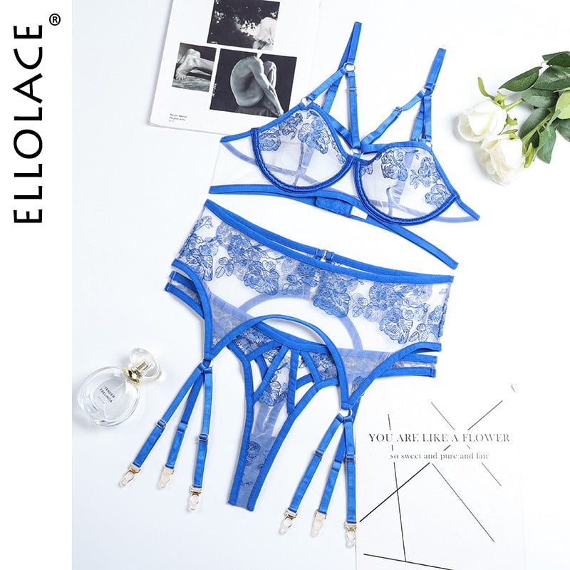 Ellolace Erotic Lingerie Set Woman 3 Pieces Sensual Embroidery Transparent Brief Sets Fancy Garters Luxury Lace Sexy Outfits