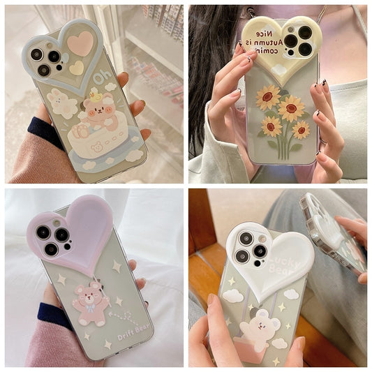 Lens Protection Phone Case For iPhone 13 12 Mini 11 Pro XS Max XR 8 7 Plus Love Heart Shape Cartoon Cute Bear Flower Soft Cover