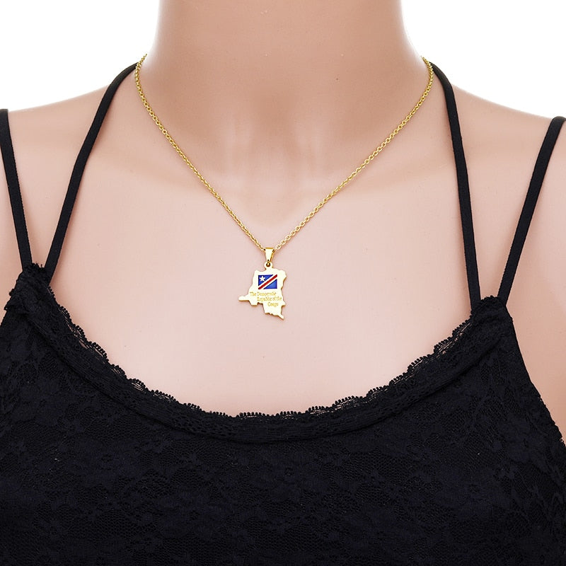 Fashion Africa Democratic Republic of the Congo Map Pendant Necklace Stianless Steel Men Women Congolese Ethnic Jewelry Gift
