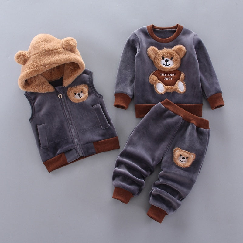 Winter Baby Girls Hooded Clothes Children Halloween Sets Vest+Coat+Pant 3 Pieces Boy Suits Cartoon Bear Garment For Kids 1-4 Age
