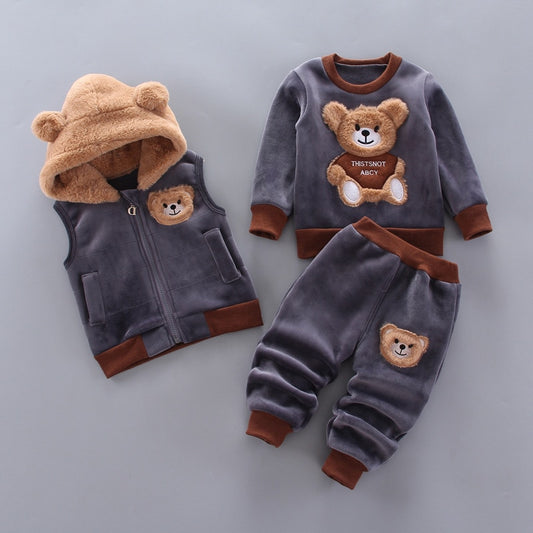 Winter Baby Girls Hooded Clothes Children Halloween Sets Vest+Coat+Pant 3 Pieces Boy Suits Cartoon Bear Garment For Kids 1-4 Age