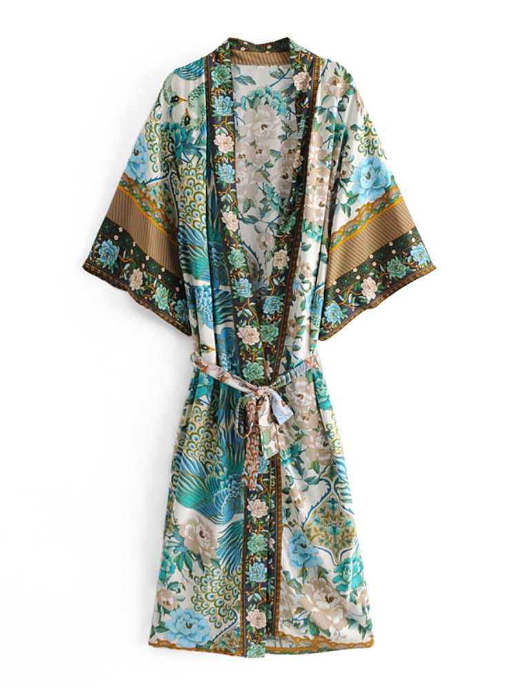 Peacock Floral Print Bat Sleeve Beach Bohemian Kimono Robe for Women Ladies V Neck Tassel Summer Dress Bikini Boho Cover-up