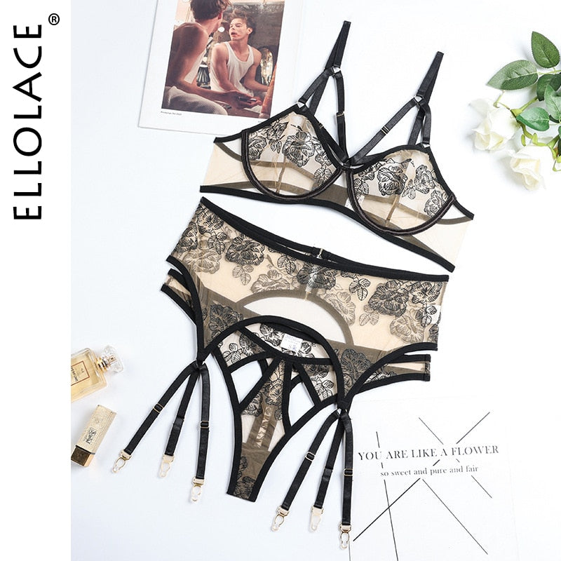 Ellolace Erotic Lingerie Set Woman 3 Pieces Sensual Embroidery Transparent Brief Sets Fancy Garters Luxury Lace Sexy Outfits
