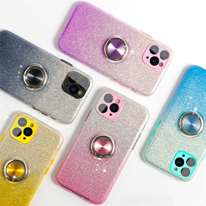 Bling Glitter Gradient Soft Case For iPhone 12 Pro Max 11 XS X XR 7 8 Plus SE 2020 Phone With Ring Holder Stand Cover Women Girl