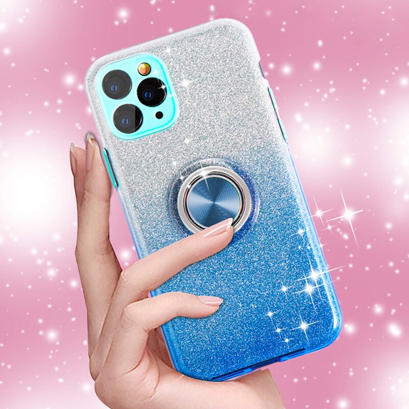 Bling Glitter Gradient Soft Case For iPhone 12 Pro Max 11 XS X XR 7 8 Plus SE 2020 Phone With Ring Holder Stand Cover Women Girl