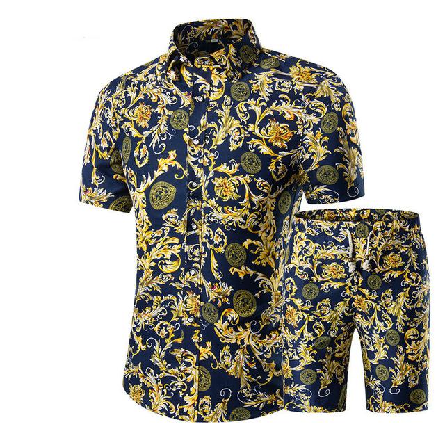 Summer Men Sets 2022 New Print Floral Short Sleeve Shirts Sets Fashion Casual Fit Slim Turn-down Collar Men Suits