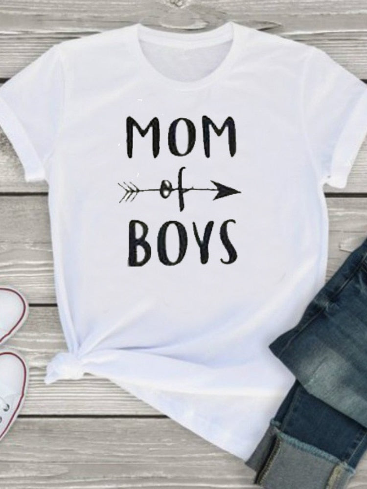 MOM OF BOYS Letter Print T Shirt Women Short Sleeve O Neck Loose Tshirt Ladies Summer Women Tee Shirt Tops Camisetas Mujer