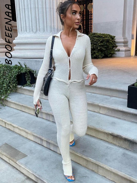 BOOFEENAA Button Ribbed Knitted Jumpsuit Two Piece Set Fall Winter Clothes Sexy White Long Sleeve Bodycon Jumpsuits C88-GE50