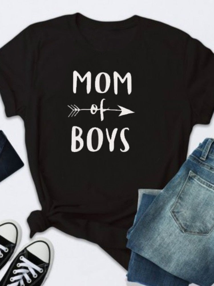 MOM OF BOYS Letter Print T Shirt Women Short Sleeve O Neck Loose Tshirt Ladies Summer Women Tee Shirt Tops Camisetas Mujer