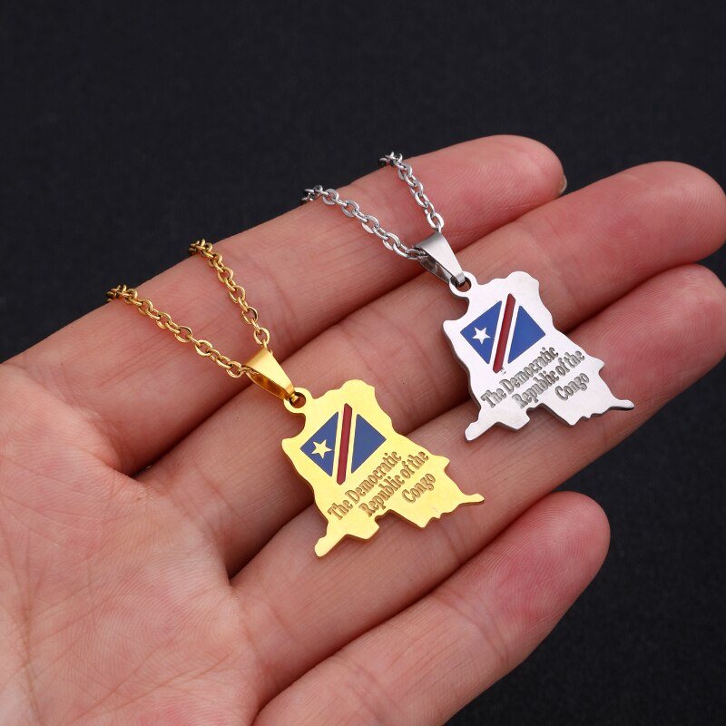 Fashion Africa Democratic Republic of the Congo Map Pendant Necklace Stianless Steel Men Women Congolese Ethnic Jewelry Gift