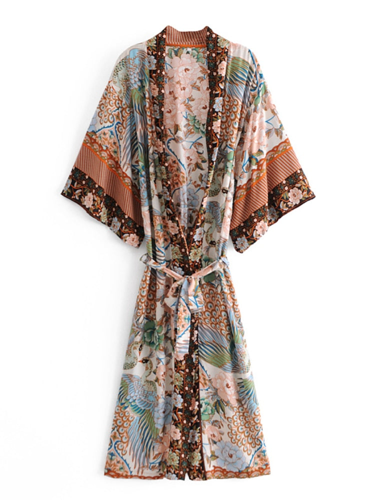 Peacock Floral Print Bat Sleeve Beach Bohemian Kimono Robe for Women Ladies V Neck Tassel Summer Dress Bikini Boho Cover-up