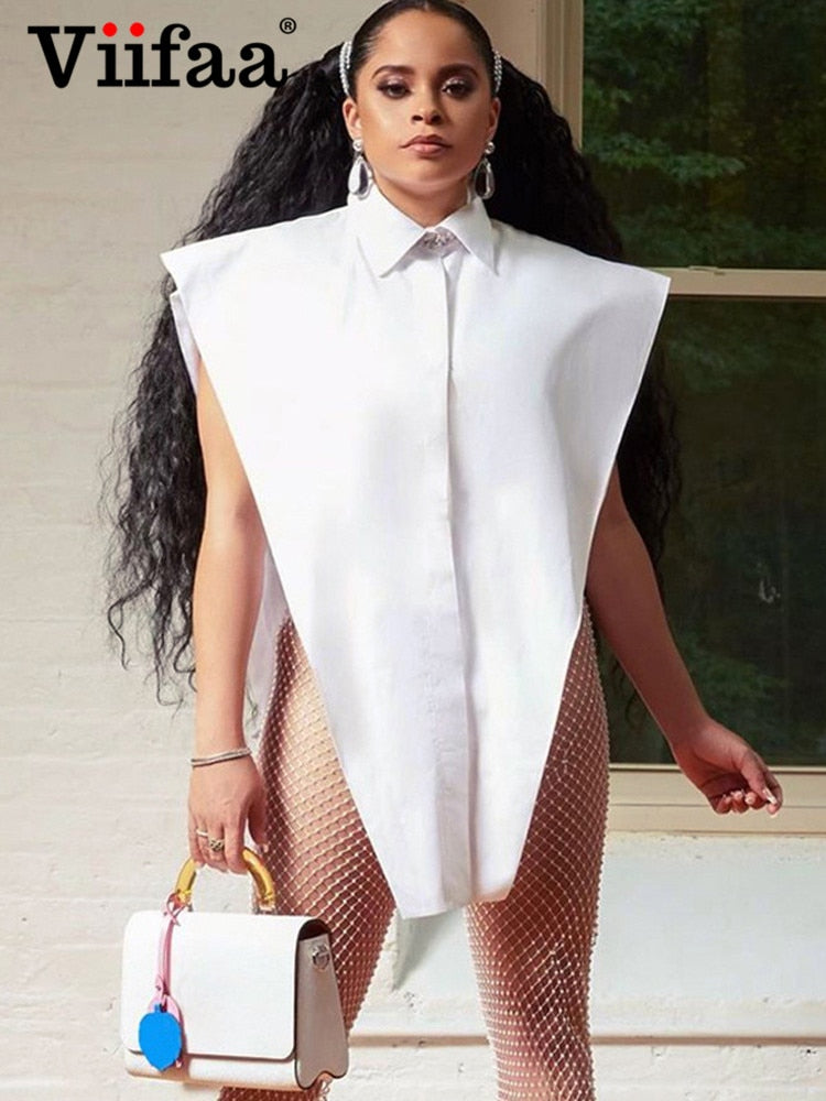 Viifaa Novelty Tops Sexy Cut Out Side Button Up White Shirt Women Fashion Clothing Sleeveless Oversized Shirts