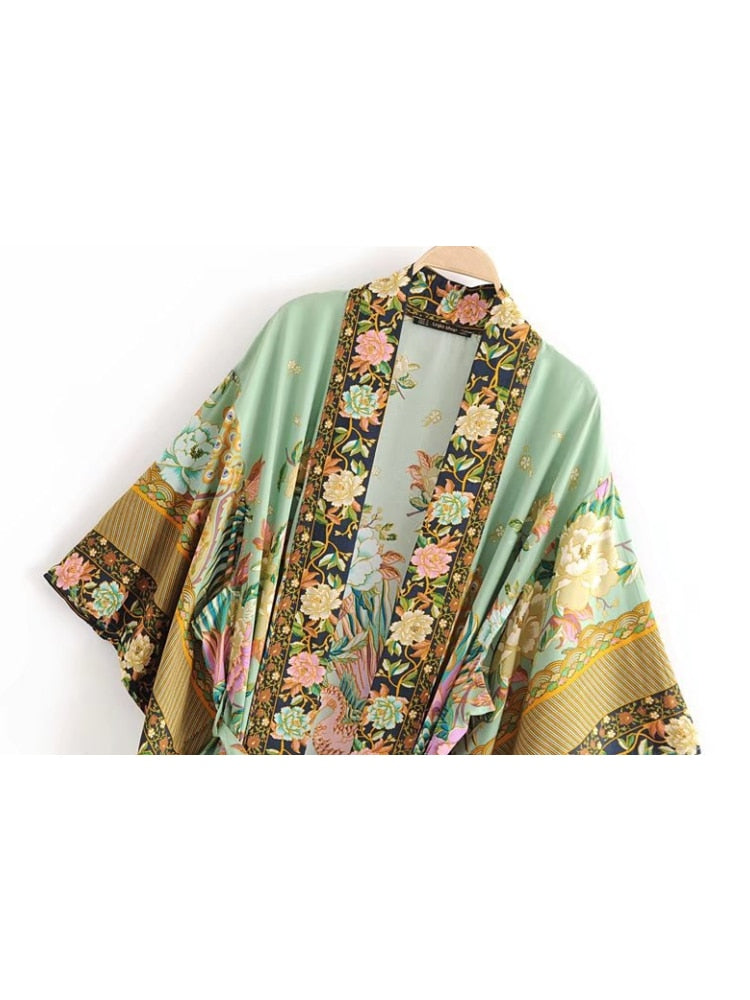 Peacock Floral Print Bat Sleeve Beach Bohemian Kimono Robe for Women Ladies V Neck Tassel Summer Dress Bikini Boho Cover-up