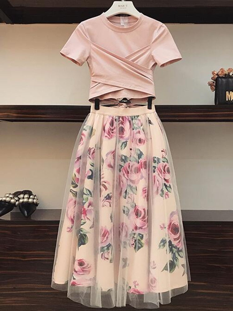 HIGH QUALITY Women Irregular T Shirt+Mesh Skirts Suits Bowknot Solid Tops Vintage Floral Skirt Sets Elegant Woman Two Piece Set