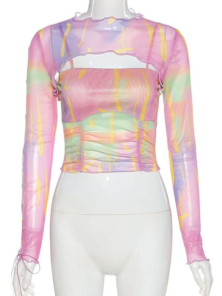 Tie Dye Crop Top Mesh Top Long Sleeve T-Shirt Women Bandage Tshirt Sexy Slim Transparent Backless Cut Out Tops 2022 Y2K Clothes