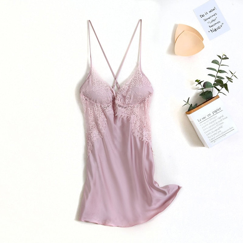 Sexy Women&#39;s Sleepwear Perspective Lace Nightdress Thin Homewear Nightwear Ice Silk Sleeveless Nightgown Night Dress Size M-XXL